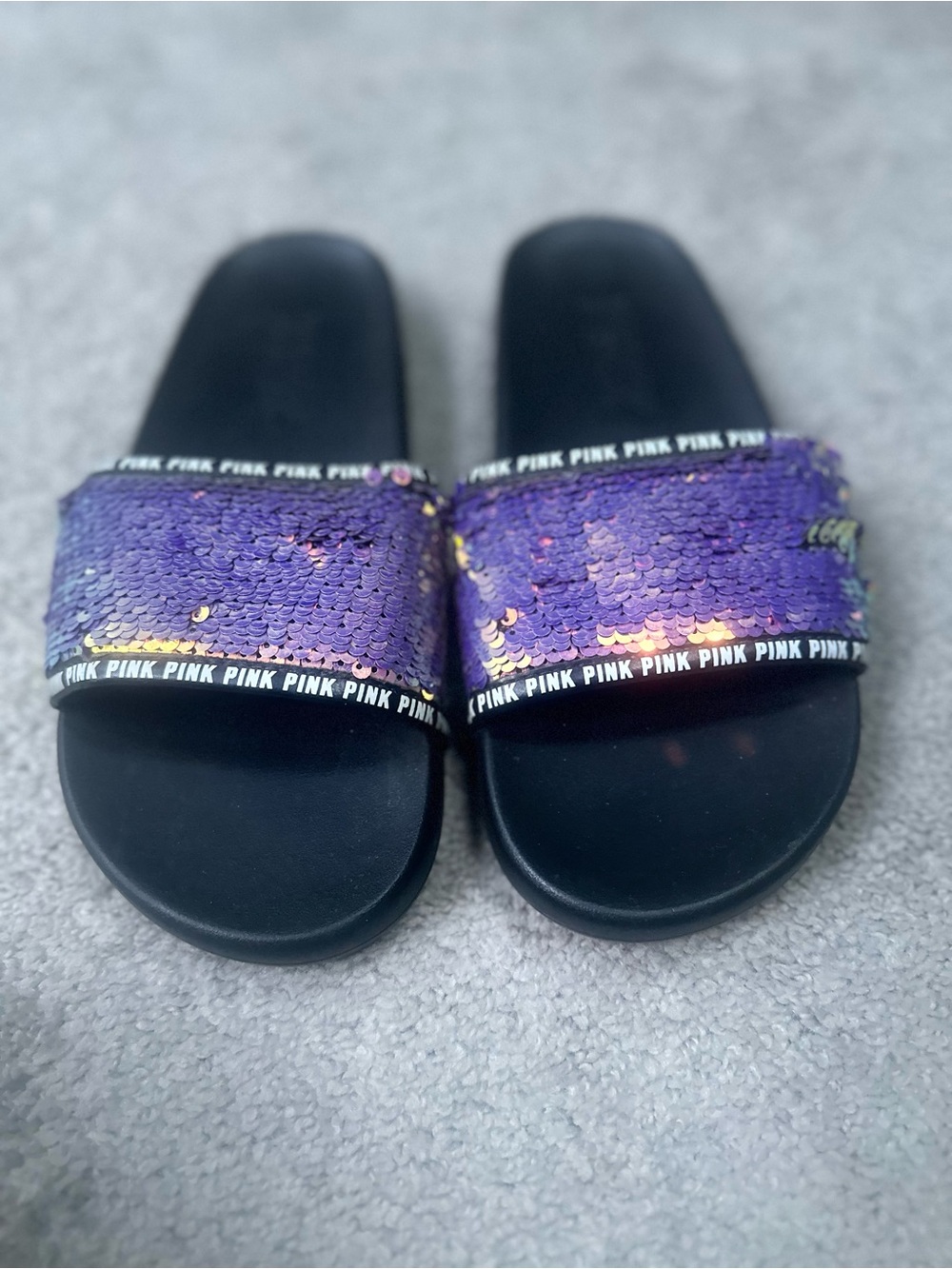 PINK Victoria's Secret Purple Sequin Slide Sandals